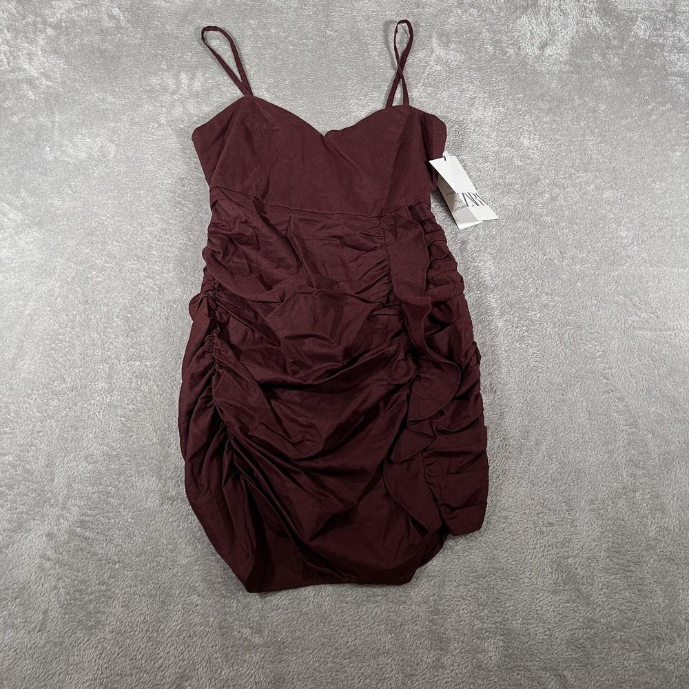 Zara Dress Women Small Dark Brown Ruched Linen Blend Sweetheart Mini Bodycon NWT